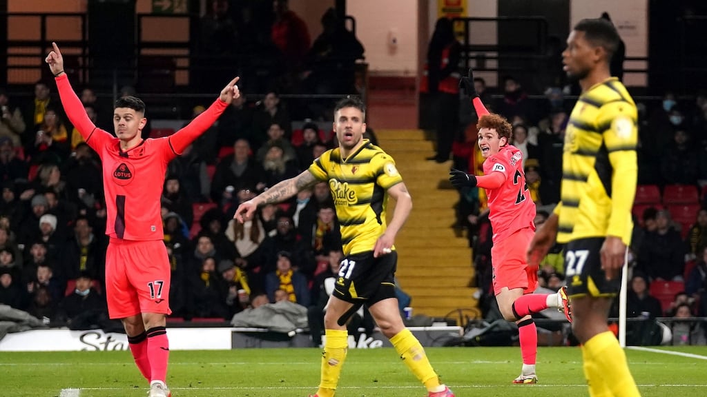 Norwich City’s Josh Sargent (second right) celebrates scoring a goal during the Premier League match against Watford at Vicarage Road. Photograph: Nick Potts/PA Wire