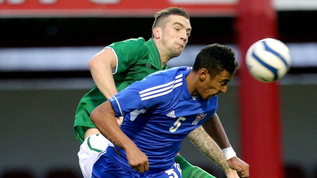 New Dundalk signing Sonni Ragnar Nattestad in action for the Faroe Islands against the Republic of Ireland’s Shane Duffy during an under-21 qualifier in November 2013. Photograph: James Crombie/Inpho