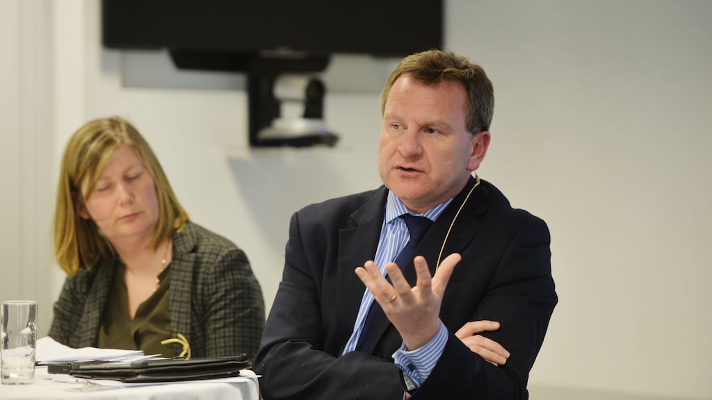 Blanaid Clarke, TCD professor of corporate law, and Danny McCoy, chief executive of Ibec, speaking at an Ibec conference on the implications of a potential Brexit for Ireland. Next month’s British referendum on EU membership is ‘by far’ the single biggest issue in a generation for Irish business, according to Danny McCoy. Photograph: Alan Betson/The Irish Times