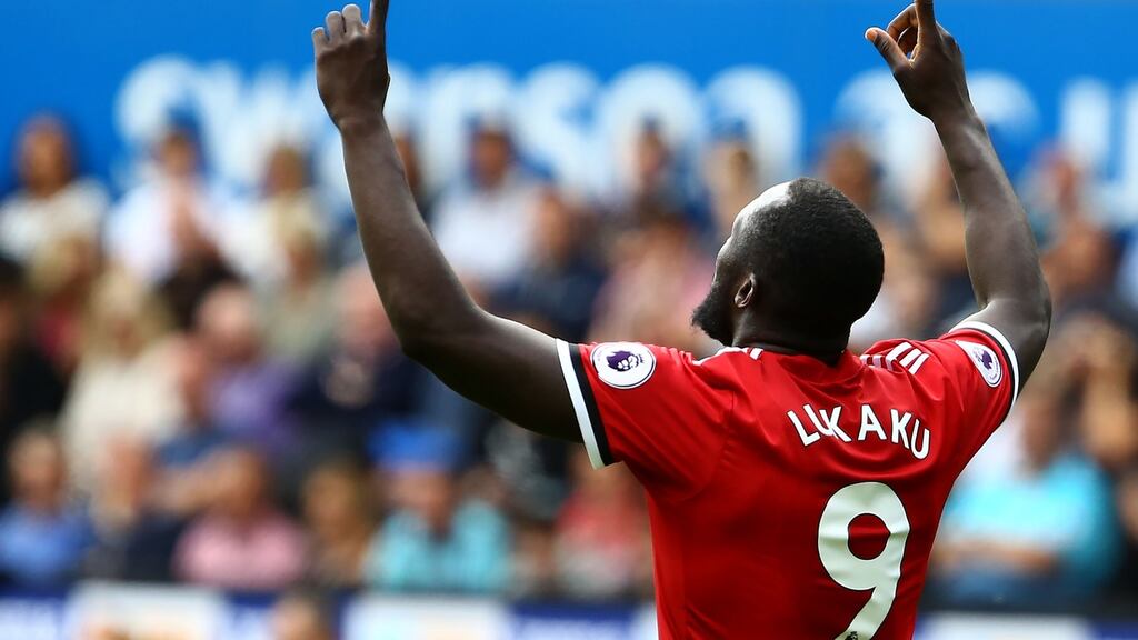 Manchester United’s Belgian striker Romelu Lukaku celebrates scoring during the English Premier League football match. His £75 million (€81 million) transfer featured among a record breaking window. Photograph: Getty Images