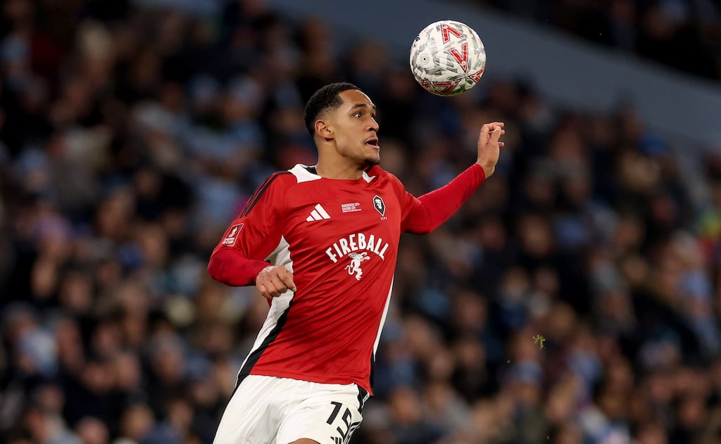Haji Mnoga of Salford City. Consello boss Declan Kelly has bought into Salford City FC alongside David beckham and Gary Neville. Photograph: Carl Recine/Getty Images