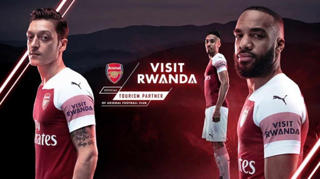 Arsenal players in the the club’s new shirt for next season. Photograph: Arsenal FC