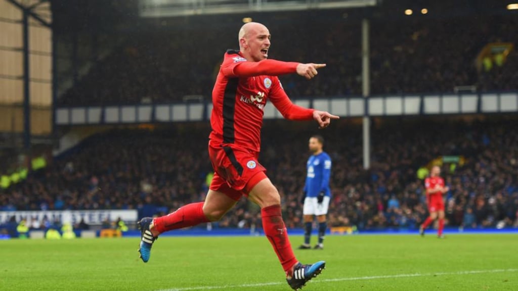 Esteban Cambiasso scored Leicester City’s second in their 2-2 draw with Everton at Goodison Park. (Photo by Michael Regan/Getty Images)