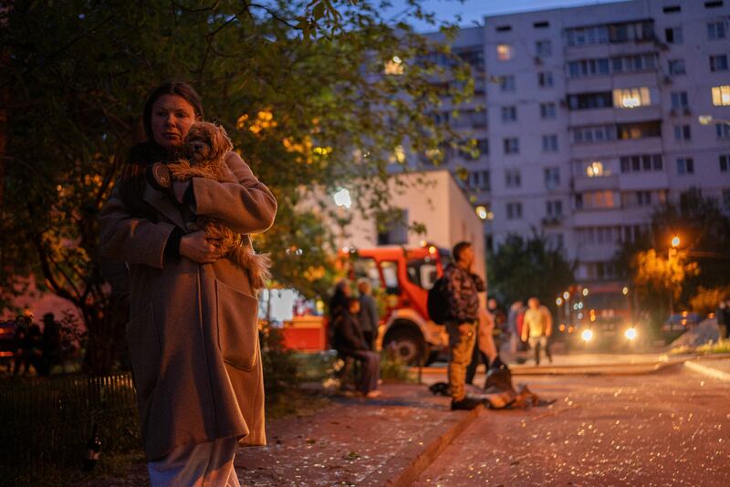 People on the streets of Kyiv after Russian drone and missile attacks hit the Ukrainian capital on Saurday. Photograph: AP