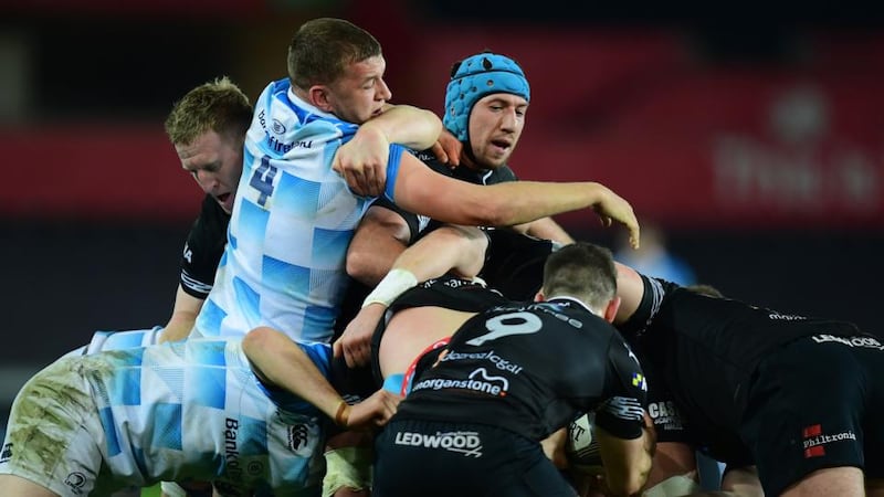 Justin Tipuric and Ross Malony during Leinster’s defeat to the Ospreys. Photograph: Alex Davidson/Inpho