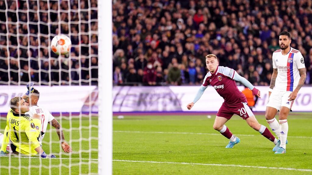 West Ham United’s Jarrod Bowen scores his side’s goal during the Europa League quarter-final first leg match against Lyon at London Stadium. Photograph: Adam Davy/PA Wire