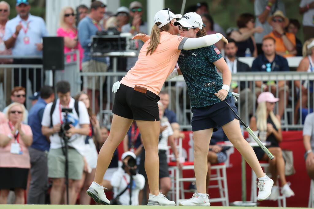 Jennifer Kupcho hugs Leona Maguire after winning the tournament in a sudden death match during the final round of the Meijer LPGA Classic. Photograph: Rey Del Rio/Getty Images