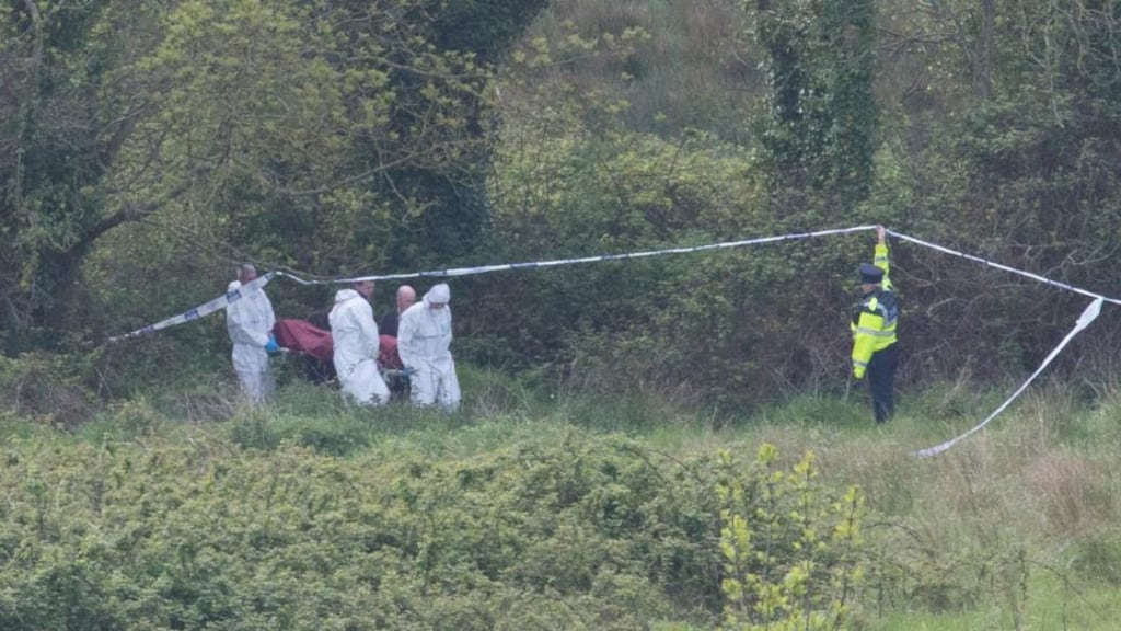 Gardai remove the man’s body from the scene near Killinarden Hill in Tallaght, Dublin. Photograph: Gareth Chaney/Collins