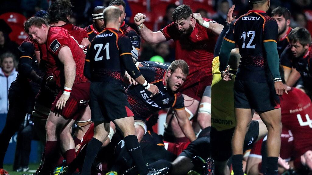 Darren O’Shea celebrates a Munster score against the Southern Kings. Photograph: LaszloGeczo/Inpho