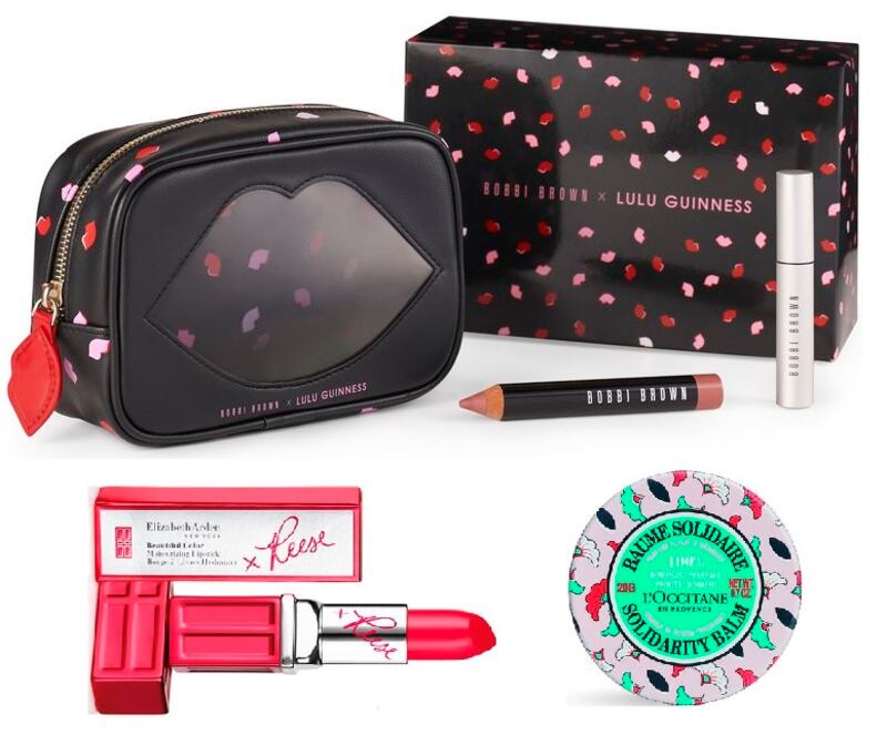 Bobbi Brown x Lulu Guinness set (€45 at Brown Thomas); Elizabeth Arden lipstick (€26 at counters nationwide); and L’Occitane Solidarity Balm (€6 at L’Occitane stores nationwide