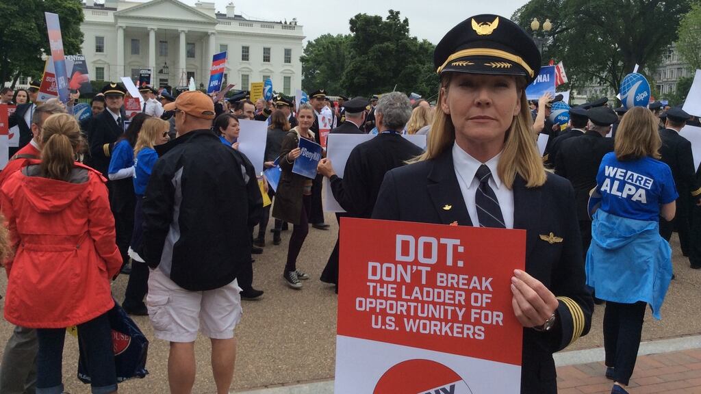 Captain Halli Mulei, a spokeswoman for the Air Line Pilots Association branch at United Airlines, at the protest outside the White House against Norwegian Air International’s plan for a low-cost service between Cork and Boston. Photograph: Simon Carswell