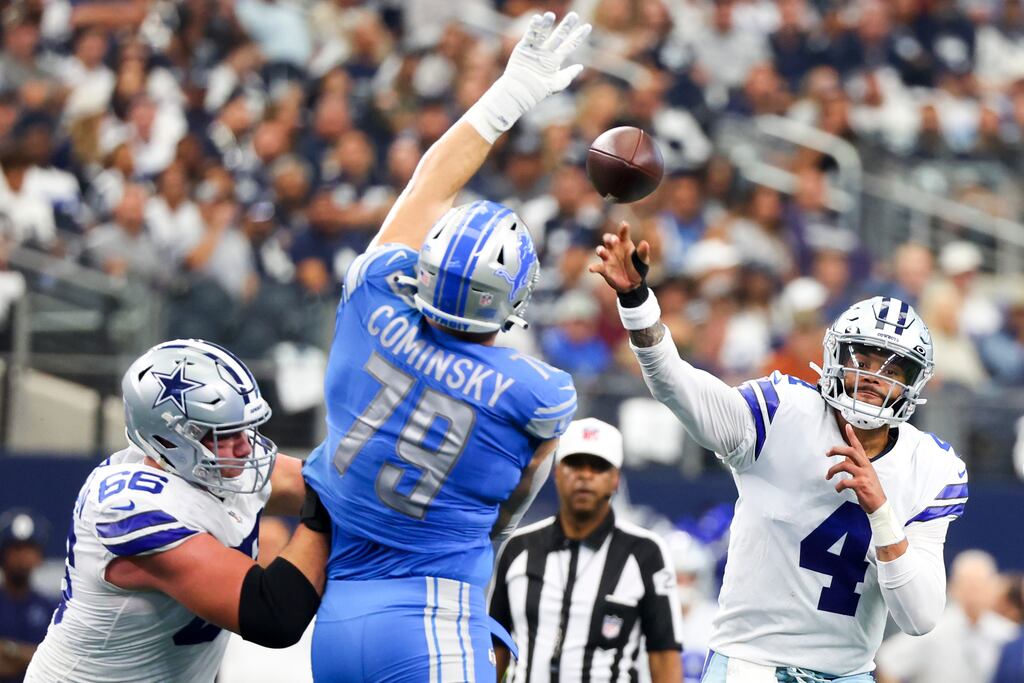 Dallas Cowboys quarterback Dak Prescott passes under pressure from John Cominsky of the Detroit Lions during the NFL game at the AT&T Stadium in Arlington, Texas. Photograph: Richard Rodriguez/Getty Images