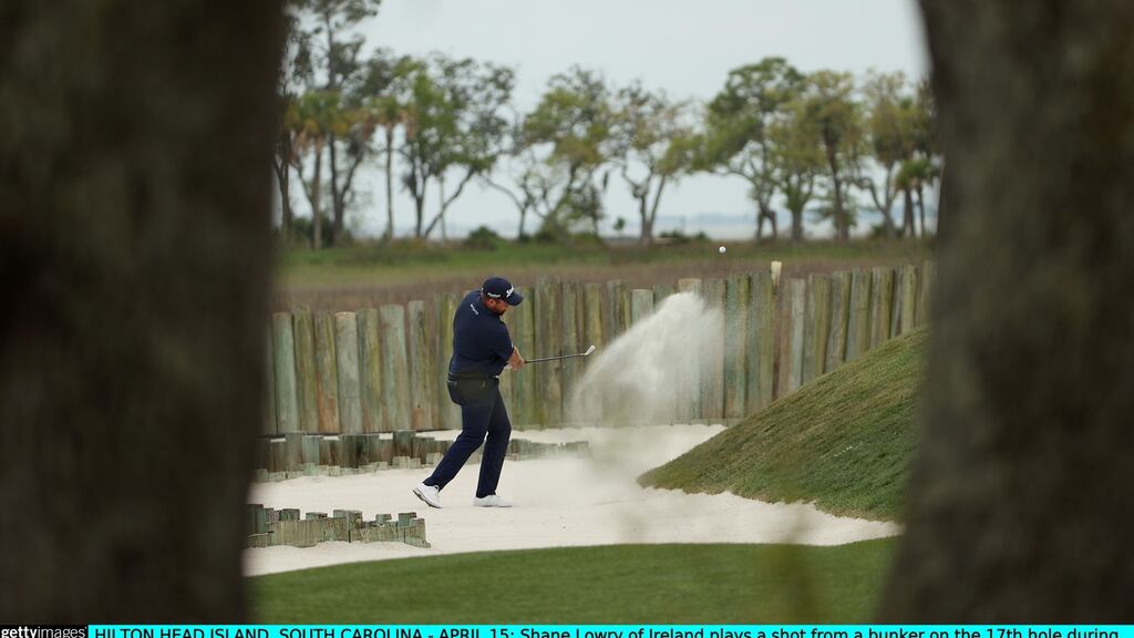 Ireland’s Shane Lowry plays a shot from a bunker on the 17th hole during the first round of the RBC Heritage at Harbour Town Golf Links in Hilton Head Island, South Carolina. Photograph: Patrick Smith/Getty Images