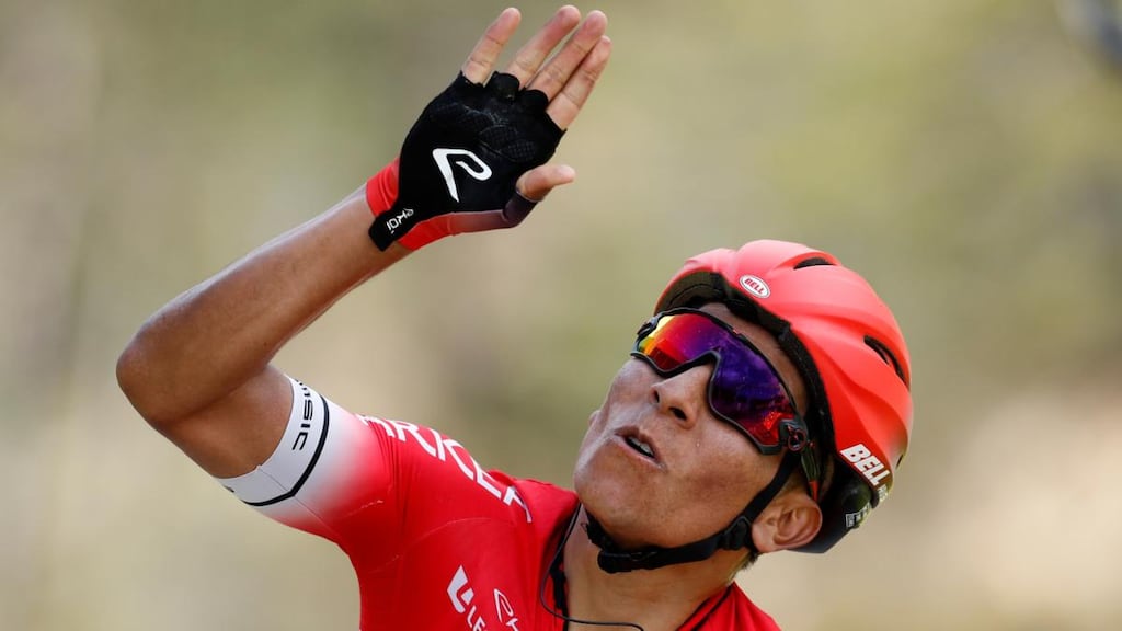Colombian rider Nairo Quintana celebrates while crossing the finish line to win the seventh and final stage of the Paris-Nice cycling race on Saturday. Photograph: Sebastien Nogier/EPA