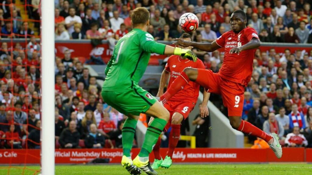 Christian Benteke scores his first goal for Liverpool in the Premier League clash against Bournemouth at Anfield. Photograph: Carl Recine/Action Images via Reuters/Livepic