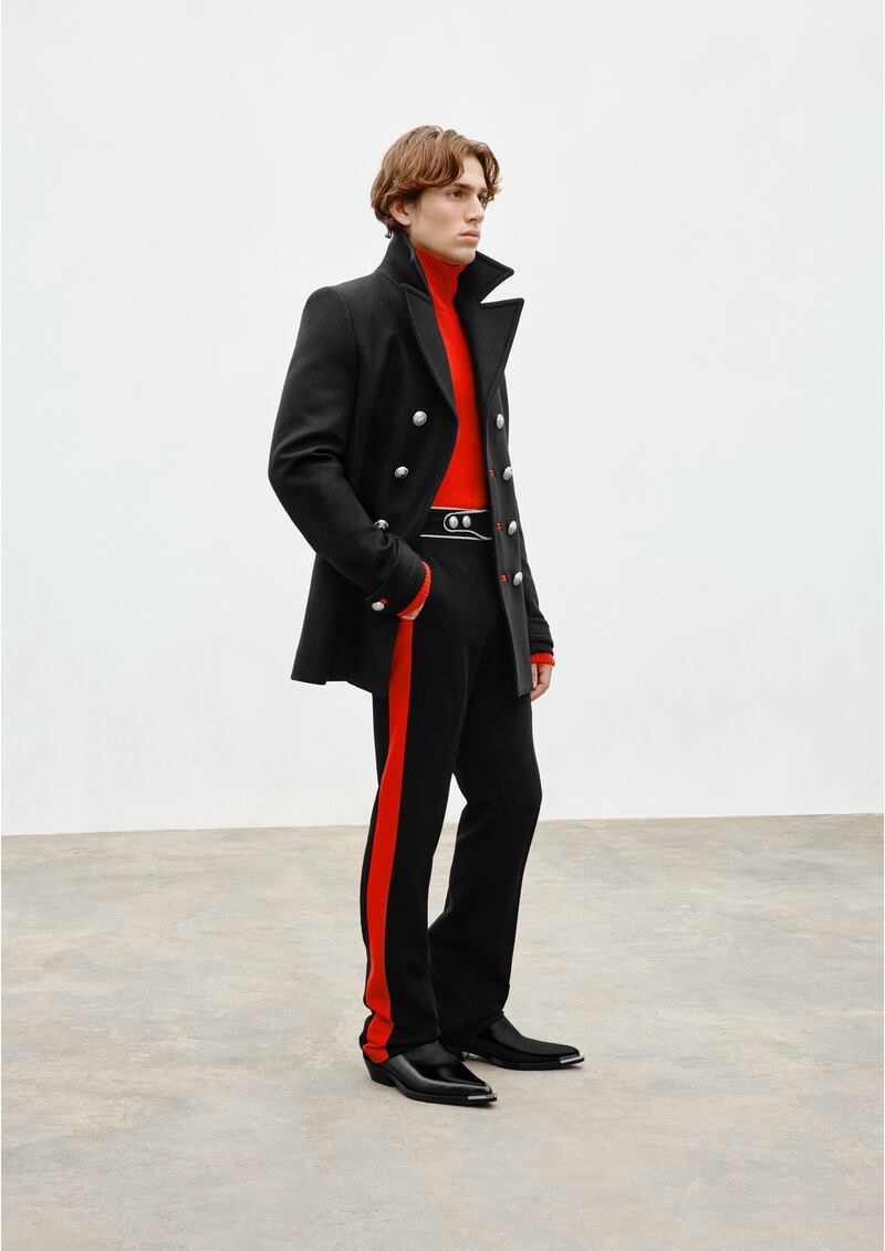 H&M x Rabanne: Military-striped trousers (€89) and peacoat (€229)