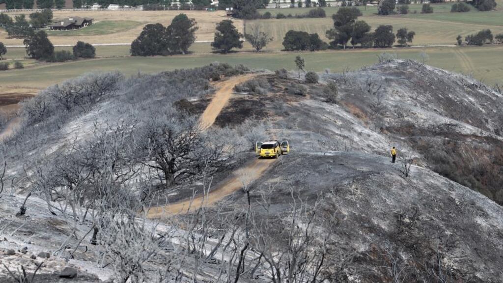 A firefighter surveys burned hills near Hidden Valley at the Springs fire near Camarillo in California. Photograph: David McNew/Getty Images