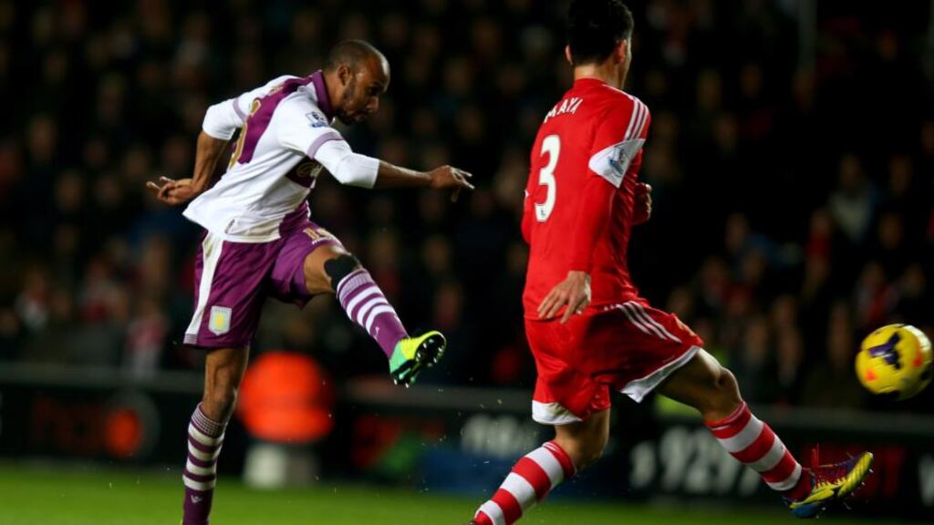 Fabian Delph scores  Aston Villa’s winning goal against Southampton  at St Mary’s Stadium last night. Photograph:   Bryn Lennon/Getty Images