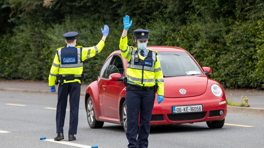 A Garda checkpoint on the main road into Nass: the acting chief medical officer says the restrictions  for counties Kildare, Laois and Offaly  are a proactive response to the rise in cases. Photograph: Tom Honan