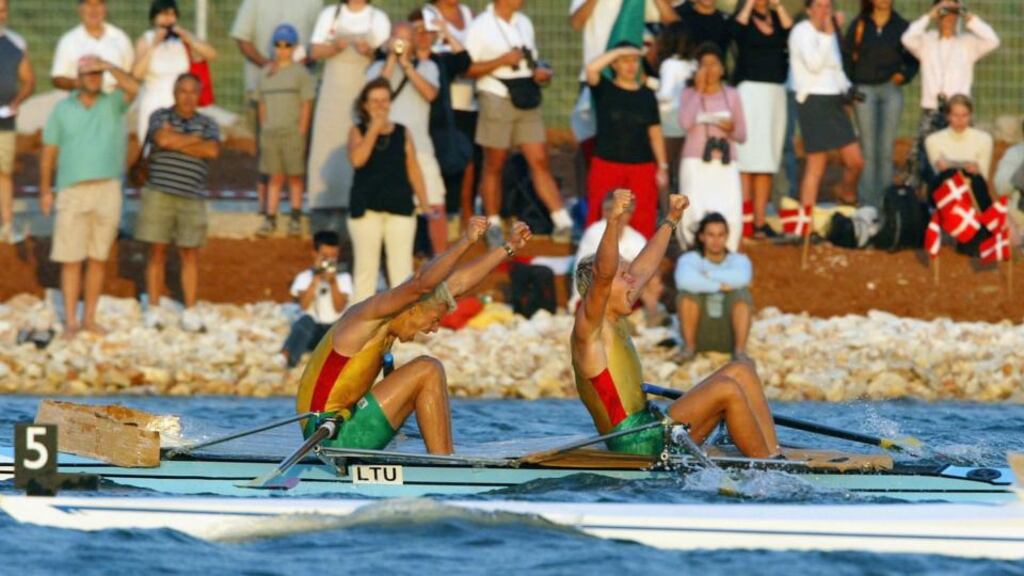 Marius Ravinski and Eimantas Grigalius of Lithuania celebrate gold In the junior double sculls World Championships in 2003. Grigalius has recently started competing in his adopted Ireland  and will compete in the Home Internationals.
