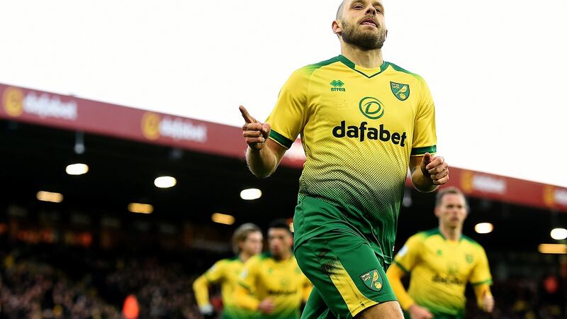 Teemu Pukki celebrates scoring for Norwich. Photo: Joe Giddens/PA Wire.
