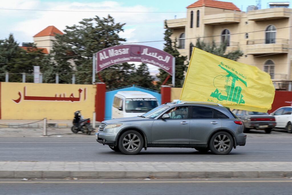 A car decorated with the flag of Hizbullah in the city of Baalbek, Lebanon on Wednesday. Photograph: Nidal Solh/AFP via Getty Images