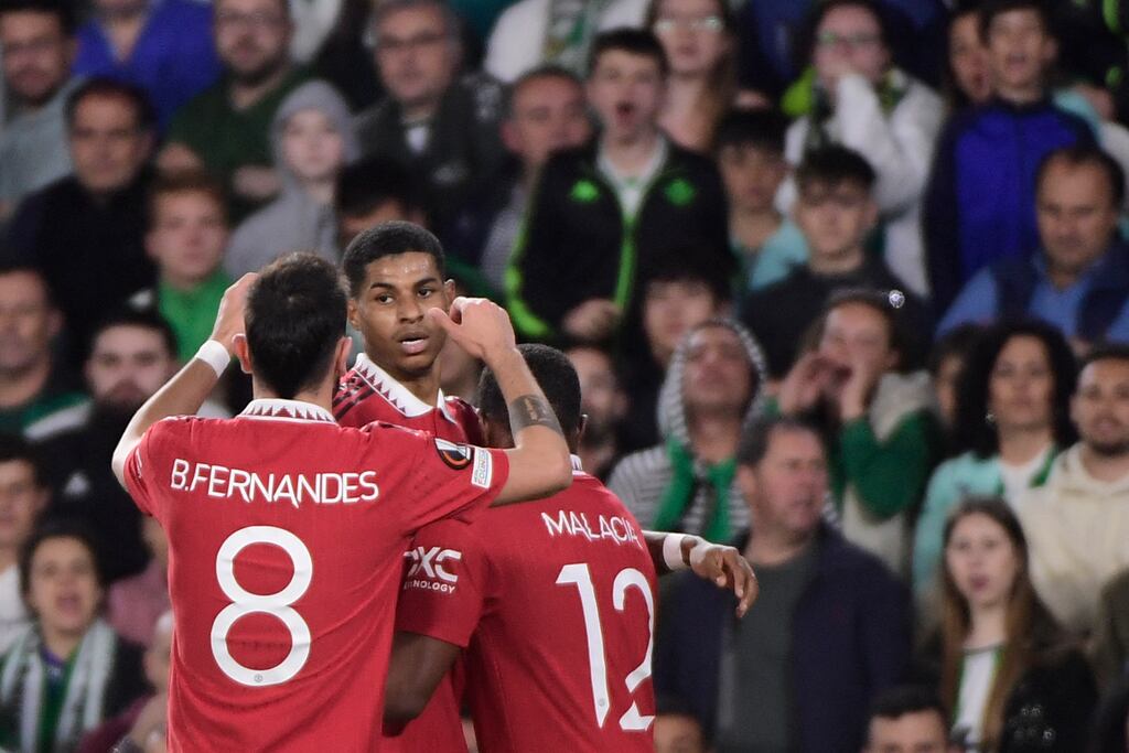 Manchester United's Marcus Rashford celebrates scoring against Real Betis at the Benito Villamarin Stadium. Photograph: Getty Images