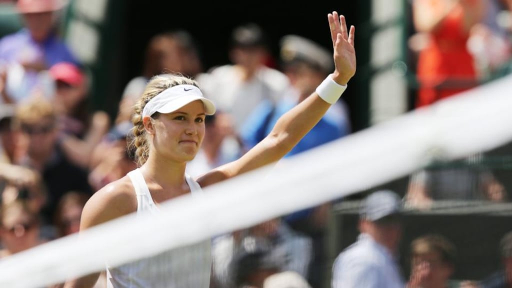 Canada’s Eugenie Bouchard after her 6-3, 6-4 win over Angelique Kerber of Germany in their quarter-final game at Wimbledon yesterday. Photograph: Tatyana Zenkovich/EPA