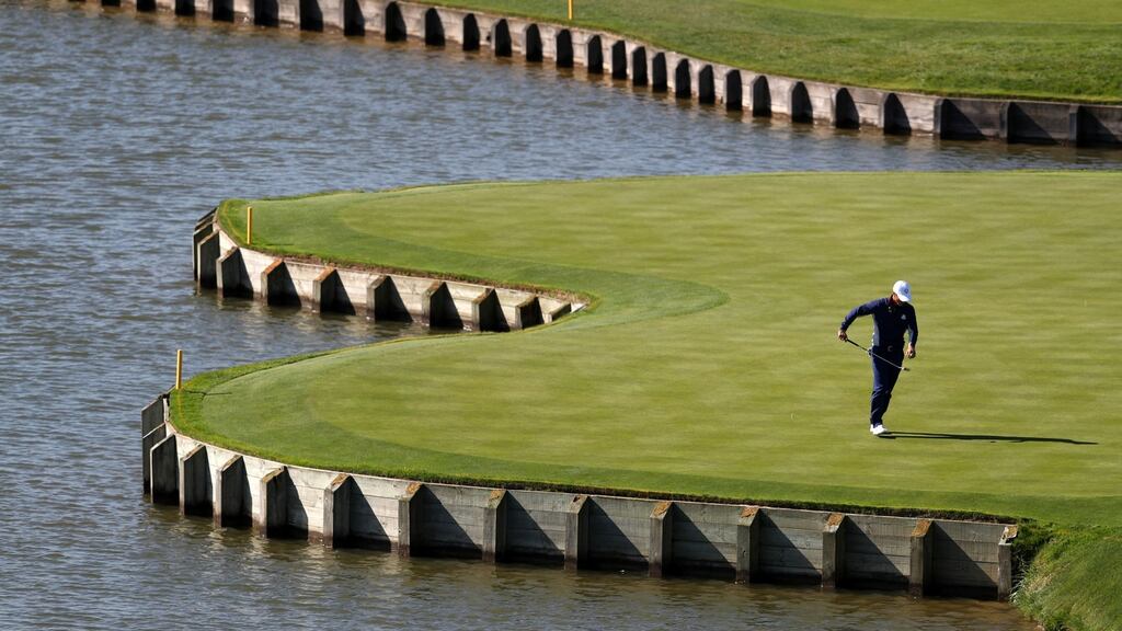 Europe’s Thorbjorn Olesen checking out the 15th green at Le Golf National in Paris prior to the Ryder Cup. Photograph: David Davies/PA Wire