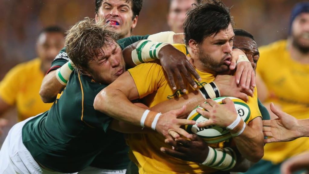 Australia’s Adam Ashley-Cooper is stopped in his tracks during the Rugby Championship game against South Africa in Brisbane. Photograph: Mark Kolbe/Getty Images