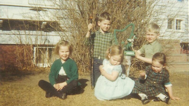 Kevin Stevens with his sisters Julie Anne, Tansy, and Deirdre and brother Christian in Great Falls, Montana on St Patrick’s Day, 1964.