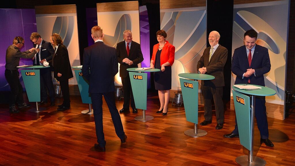 The debate between Northern Ireland’s five main parties – UUP’s Mike Nesbitt, Sinn Féin’s Martin McGuinness, DUP’s Arlene Foster, Alliance Party’s David Ford and the SDLP’s Colum Eastwood. (UTV presenter Marc Mallett is facing away from the camera). Photograph: Arthur Allison
