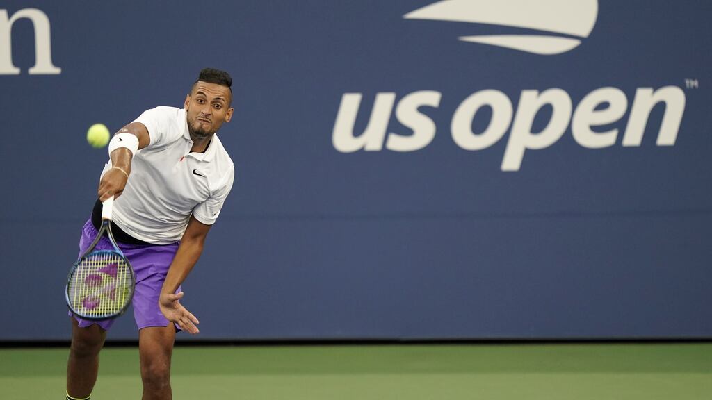 Nick Kyrgios serves to Antoine Hoang during their second round match at the 2019 US Open in New York. Photo: John G. Mabanglo/EPA