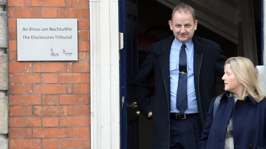 Sgt Maurice McCabe, after giving evidence at the Disclosures Tribunal, with with his wife, Lorraine, at Dublin Castle. Photograph: Dara Mac Dónaill / The Irish Times