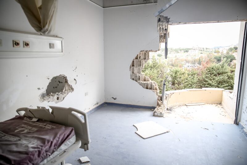 Artillery from an Israeli tank blew holes in the walls of Bint Jbeil governmental hospital, staff say. Photograph: Sally Hayden