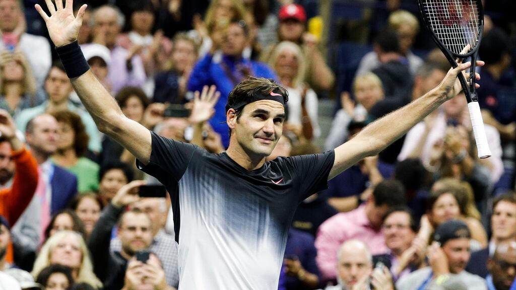 Roger Federer reacts after defeating Frances Tiafoe of the USA in their first round match at the 2017 US Open Tennis Championship at the USTA National Tennis Center in Flushing Meadows, New York. Photo: Justin Lane/EPA