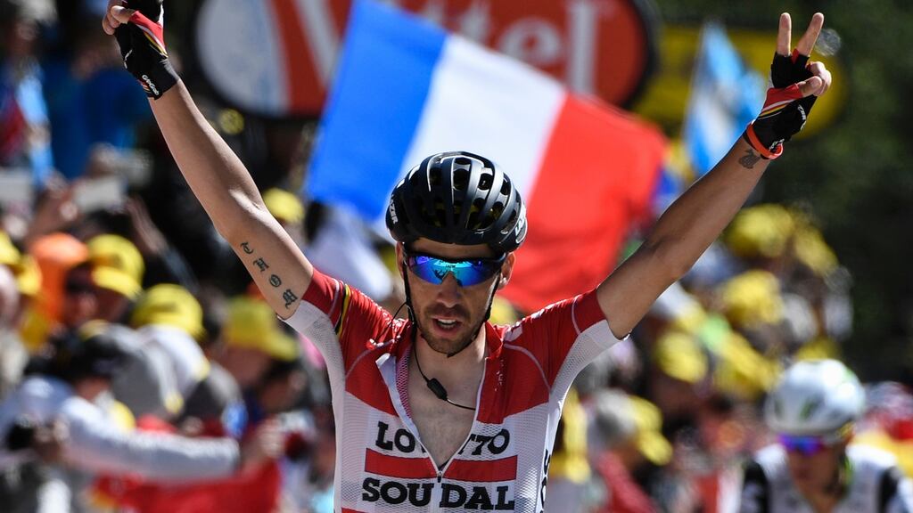 Belgium’s Thomas De Gendt winning  the 178km 12th stage of the Tour de France yesterday. Photograph: Lionel Bonaventure/AFP/Getty Images