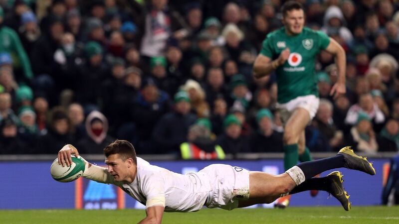 England’s Henry Slade scores his side’s fourth try in Dublin. Photograph: Brian Lawless/PA