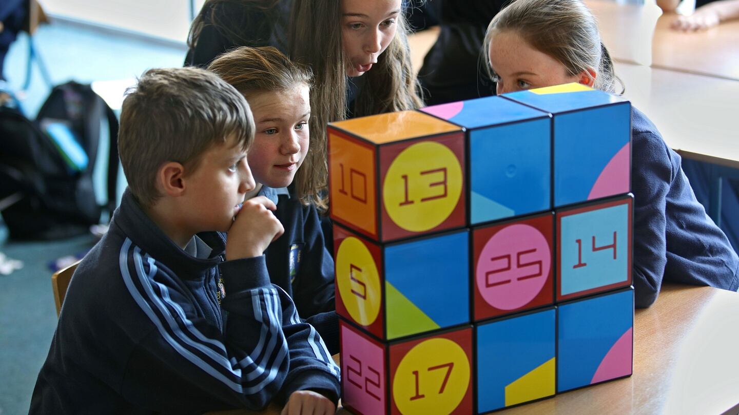 St Oliver’s national school, Killarney, Co Kerry: Michael Teahan, Elaine Buckley, Laura Lydaisc, Ava Downing immersed in Izak9, an active learning device. Photograph: Valerie O’Sullivan