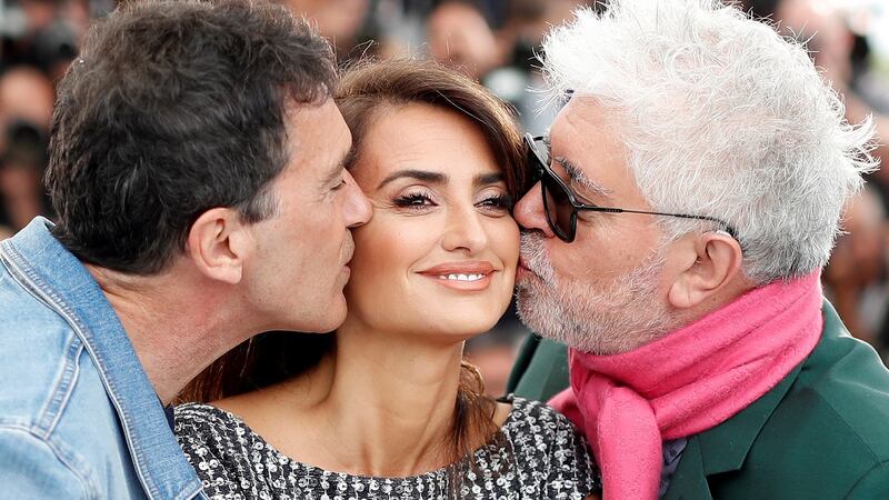 Actor Antonio Banderas, director Pedro Almodovar with Penelope Cruz at the Cannes Film Festival promoting Pain and Glory. Photograph: Sebastien Nogier/EPA