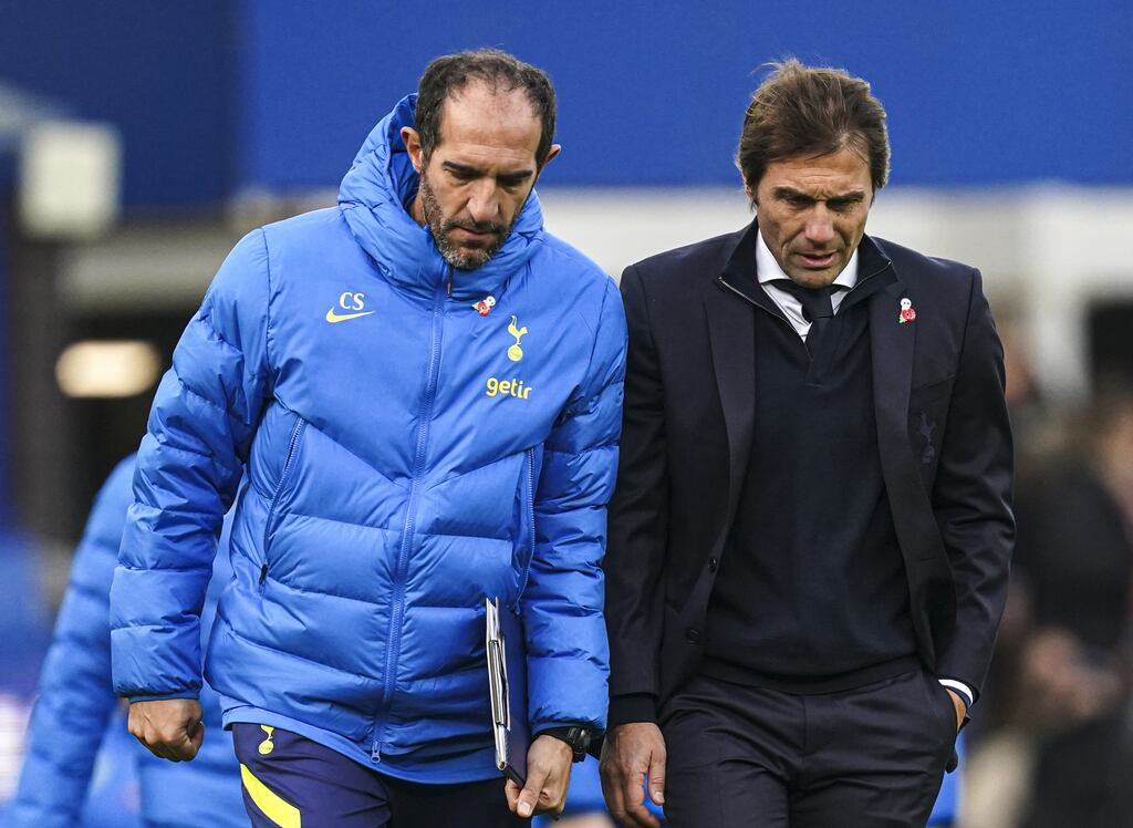 Tottenham Hotspur manager Antonio Conte (right) with his assistant Cristian Stellini who said. 'Antonio is upset and sad. Every one of us is. We are close to Vialli’s family and all the people that loved Vialli.' Photograph: Martin Rickett/PA