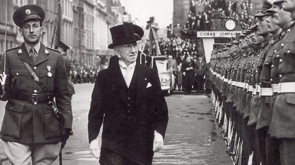 Former president Seán T O’Kelly inspecting a guard of honour outside the GPO in 1957.