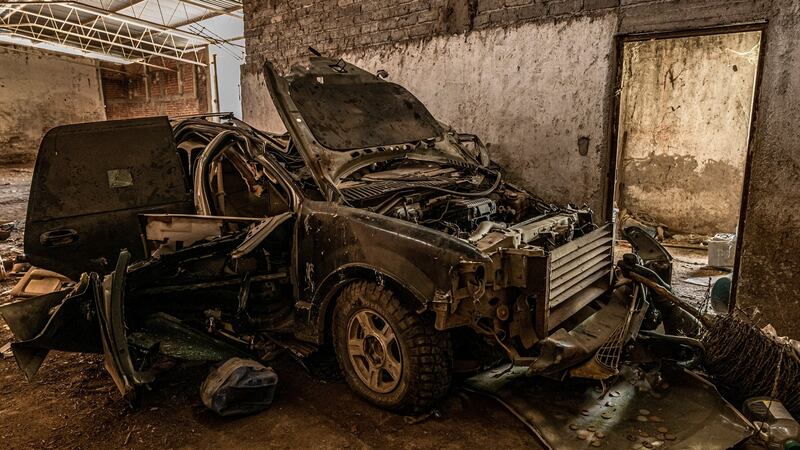 A destroyed home-made combat vehicle known as “Monstruo” (“Monster”) and used by the Jalisco cartel in Naranjo De Chila, Michoacán. Photograph: Daniel Berehulak/New York Times