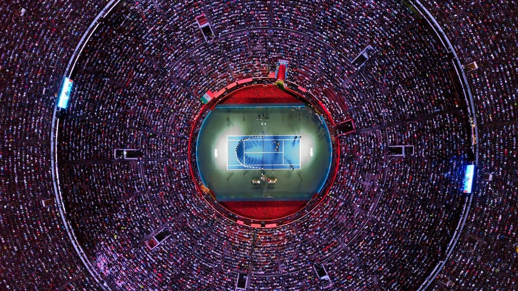 An aerial view of Roger Federer’s exhibition match against Alexander Zverev in the Plaza de Toros bullring in Mexico City during his South American tour last month. Photograph: Madla Hartz/EPA
