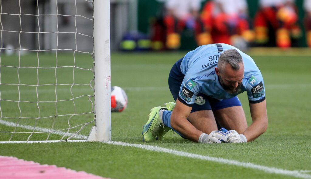 Shamrock Rovers goalkeeper Alan Mannus after Ferencvaros scored their second goal. Photograph: Aleksandar Djorovic/Inpho