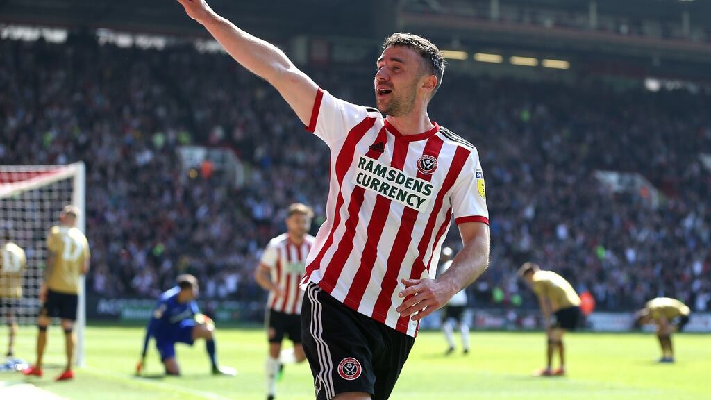 Sheffield United’s Enda Stevens celebrates scoring his side’s third goal against Hull. Photograph: Nigel French/PA