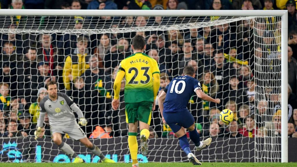 Tottenham Hotspur’s Harry Kane scores his side’s second goal of the game during the Premier League draw with Norwich. Photo: Joe Giddens/PA Wire
