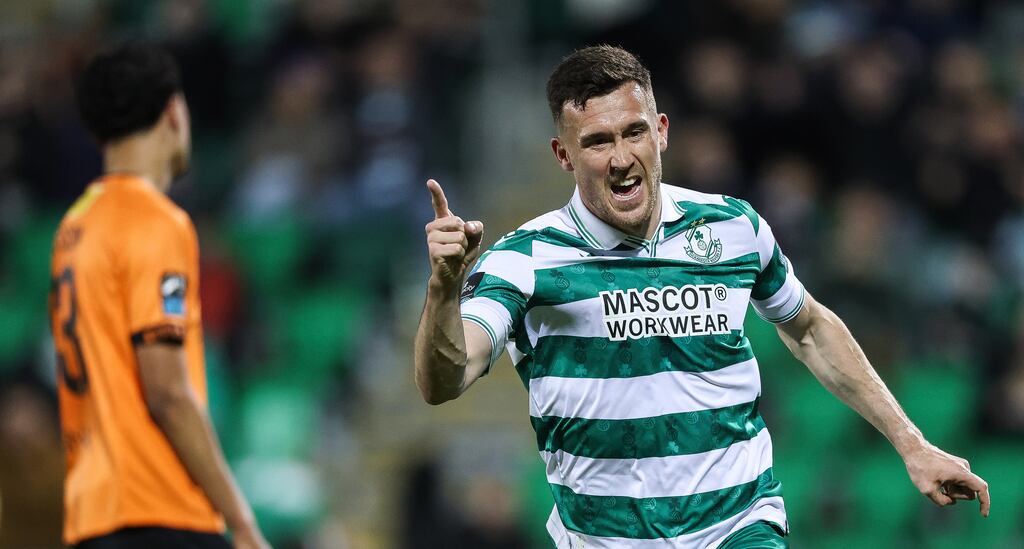 Aaron Greene of Shamrock Rovers celebrates scoring his side's first goal against Cork City at Tallaght Stadium. Photograph: James Crombie/Inpho