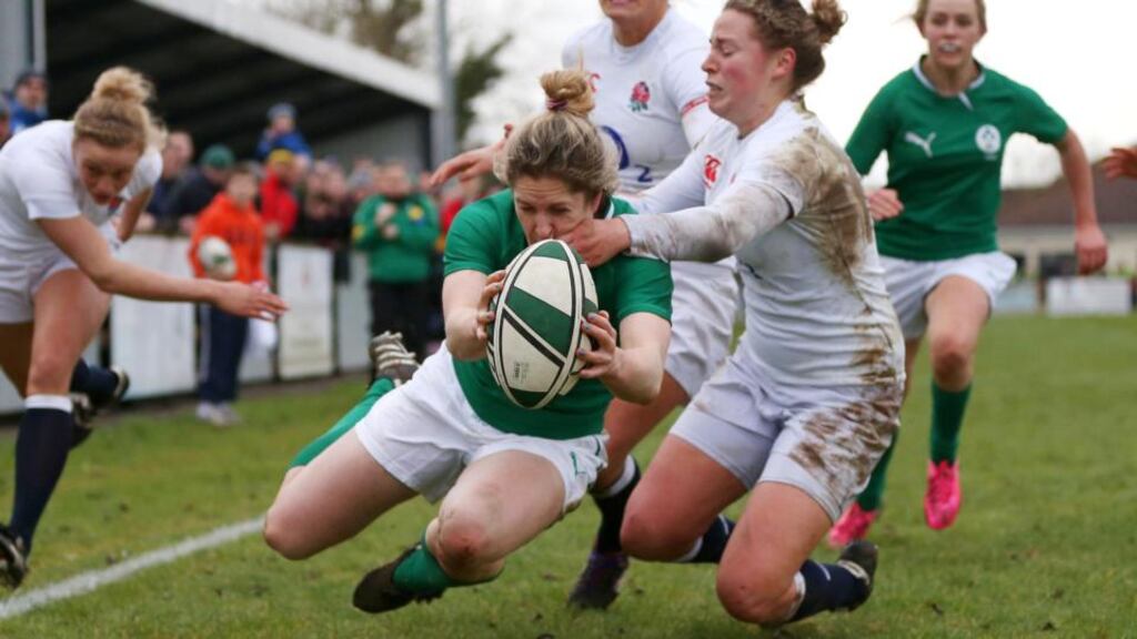 Ireland’s Alison Miller goes over against England in last year’s Six Nations game in Ashbourne.