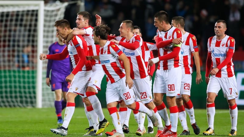 Milan Pavkov celebrates his second goal against Liverpool. Photograph: Getty Images